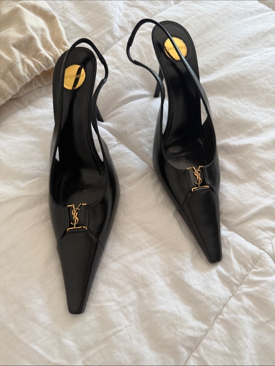 Saint Laurent Shoes - Saint Laurent Black Leather Pointed Slingback Pumps with Gold YSL Charm